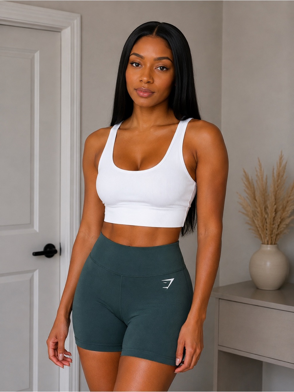 Gymshark Dark Green High-Waisted Bike Shorts with white logo